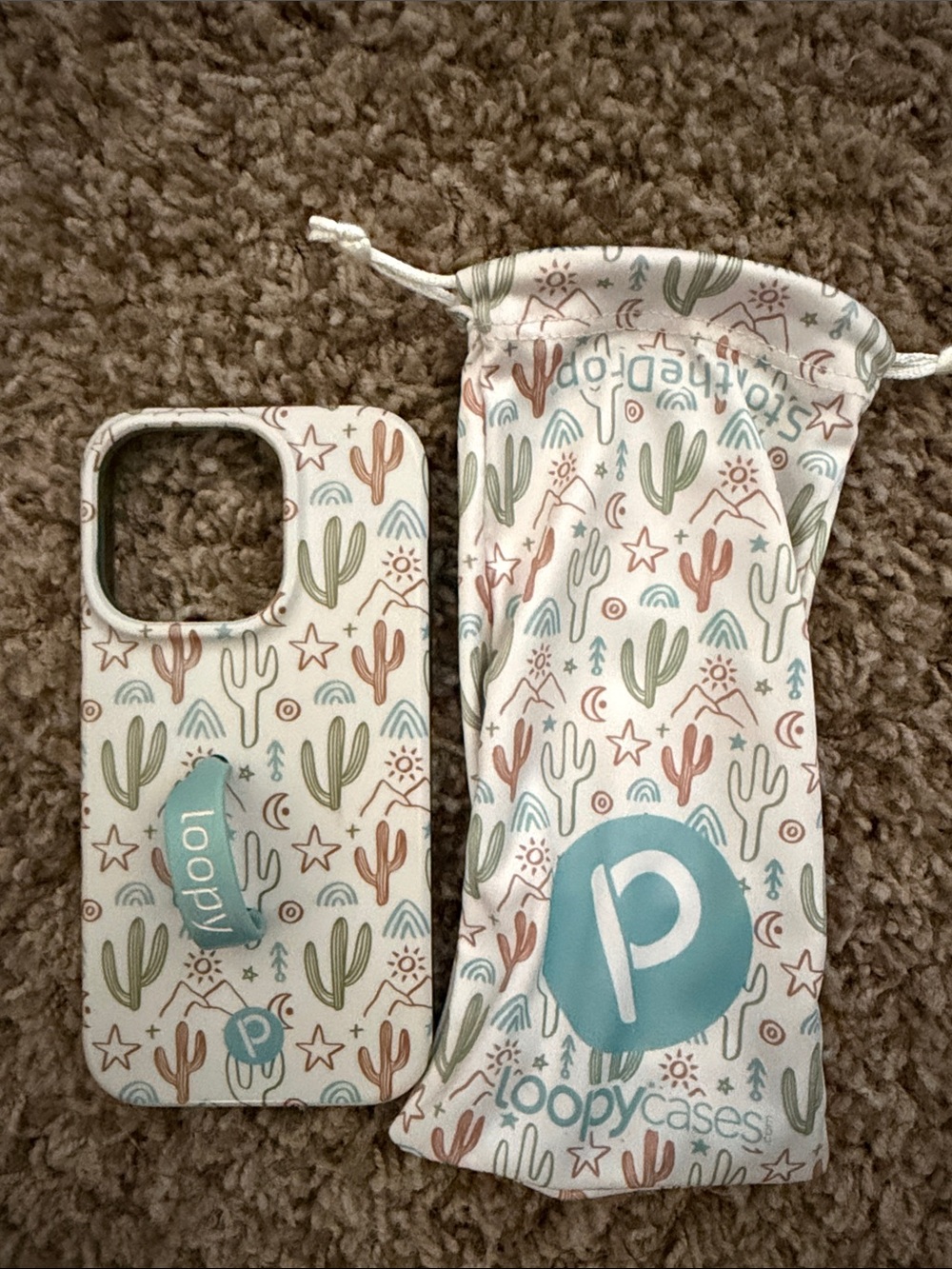 Loopy Case Cactus Pattern Phone Case with Teal Grip and Pouch